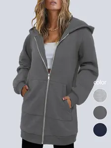 Women's Casual Long Hoodie with Zipper Solid Color Polyester Blend Machine Washable Pockets Included Comfortable Fit Versatile Design