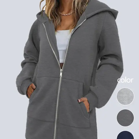 Women's Minimalist Long Sleeve Solid Color Polyester Blend Hoodie - Front-Zip, Loose-Fit Lounge Top with Pockets, Machine Washable, Versatile Casual Sweatshirt, Sweatshirts