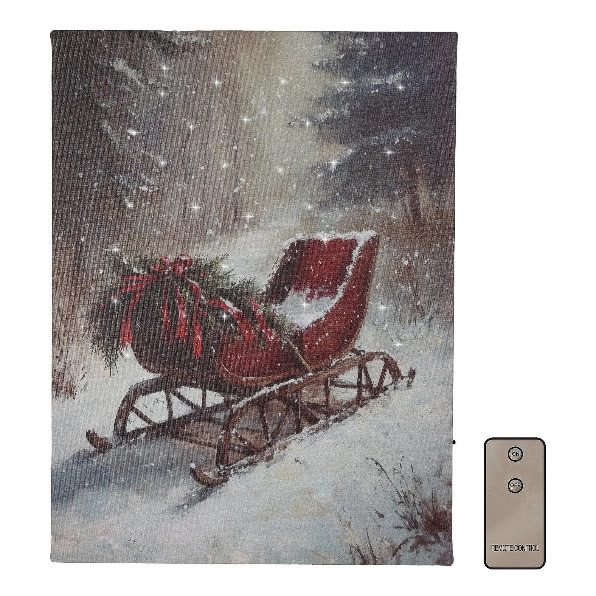 LumaBase Magical Luminous Battery-Operated Artistic Lighted Winter Sleigh Full-Color Canvas Print Wall Art - 40 LED Lights, Remote Control with Remote On/Off, Indoor Room Home Decor Products