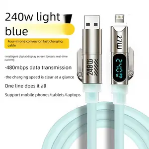 1.8M 240W 4-in-1 Liquid Silicone Fast Charging Data Cable with Breathing Light & Digital Display, Multi-Function Quick Charger Cord
