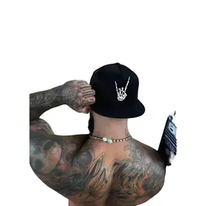 TheDriveClothing Rocker Hand Black & White Flat Bill Snapback Hat – Mesh Back Trucker Cap, White Graphic Hand Sign Hat, Structured Flat Brim Streetwear Headwear