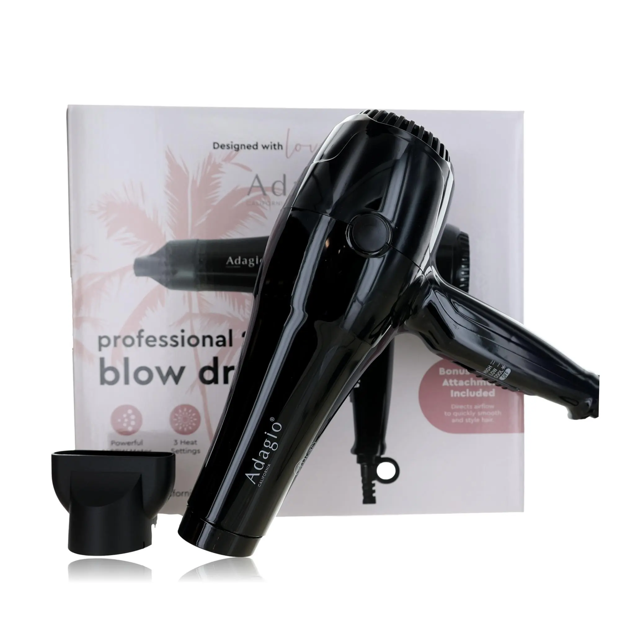 Adagio Professional 2500 High Power Ionic Hair Blow Dryer - Black, 1400W Motor, Ionizer, Frizz Control, Adjust Heat, Adjustable Settings, for Daily Use
