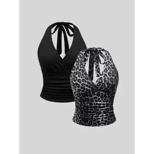 Women's solid color/leopard print tie shoulder vest, summer casual sleeveless top, women's daily clothing, women's clothingRAIMENTRY