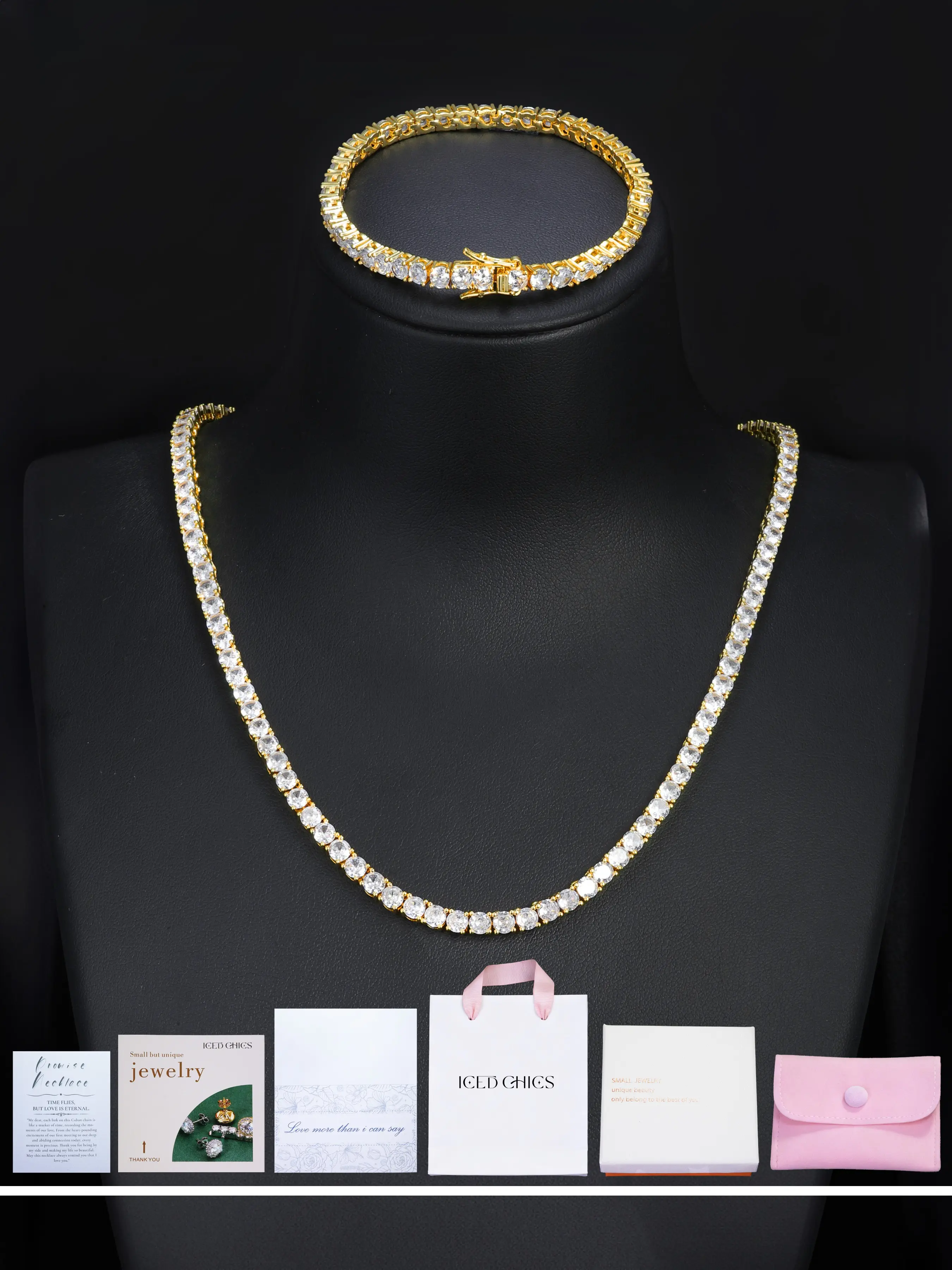 ICED CHICS Necklace + Bracelet Gift Box Set, Copper Fashionable Jewelry Set, 4MM single-row zircon tennis chain, the most suitable gift, suitable for both men and women, birthday present, Valentine's Day, date, Jewelry Set