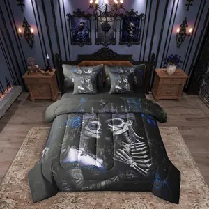 Sugar Skull Couple 7 Piece Comforter Set,Bed in a Bag,Vintage Gothic Bedding Set,Retro Goth Skeleton Comforter and Sheet Set,Victorian Spooky Bone Exotic,Blue Rose Floral Room Decor Aesthetic