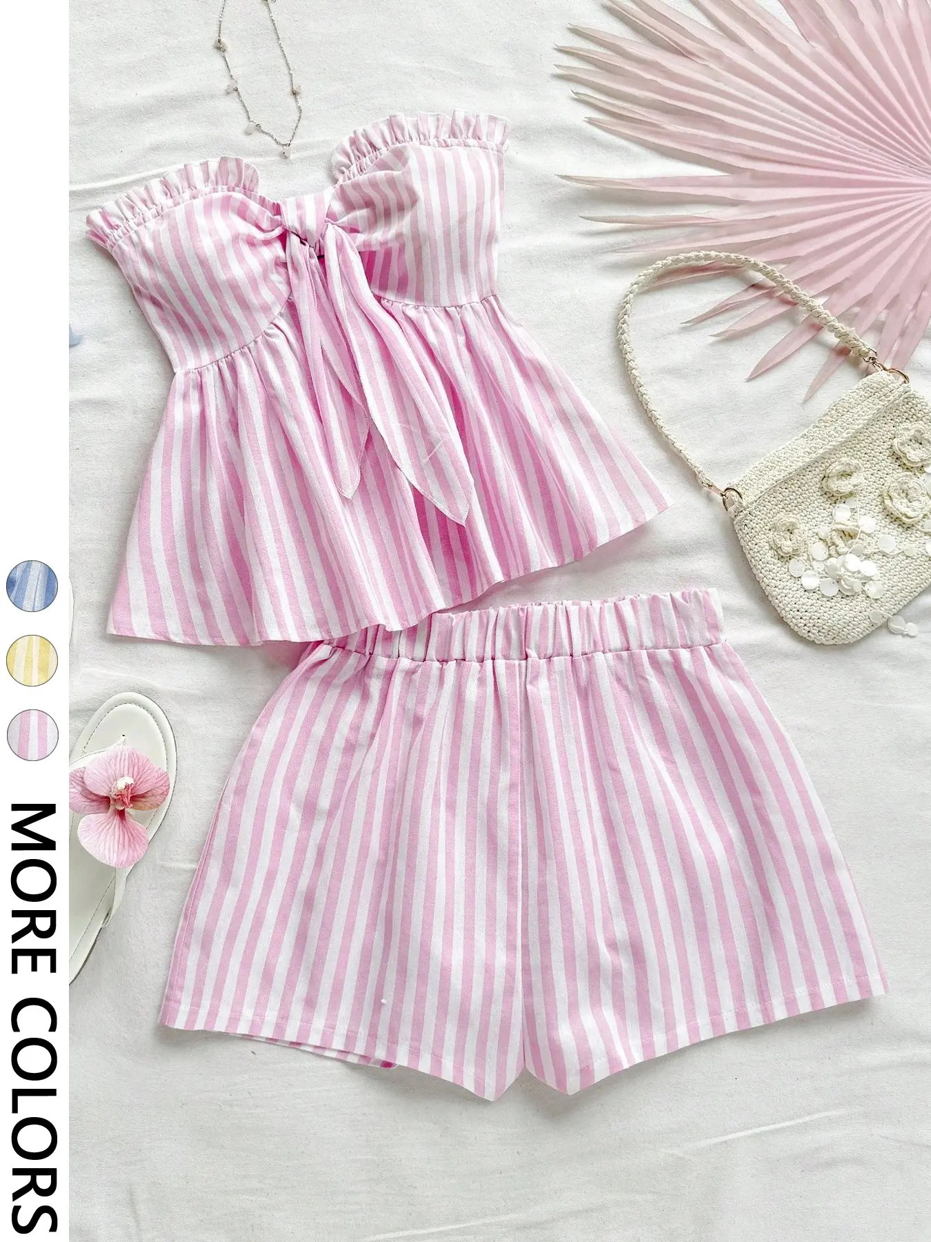 Women's Striped Two-Piece Set, Ruffle Halter Top + High-Waisted Shorts, Cute for Daily Wear, Loose-Fitting, Regular Length