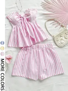 Women's Cute Striped Two-Piece Set, Ruffle Halter Top + High-Waisted Shorts, Fashionable Summer, Comfortable and Stylish