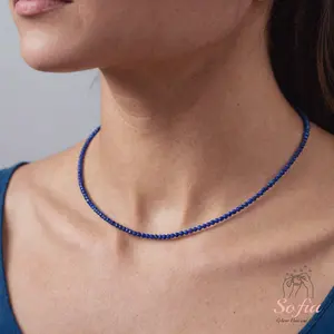 Delicate Lapis Lazuli Beads Choker Necklace, Tiny Dainty Faceted Gemstone Beaded Necklace, Waterproof Crystal Beaded Choker, Dainty Minimalist Style for Women Handmade Adjustable, gift for her