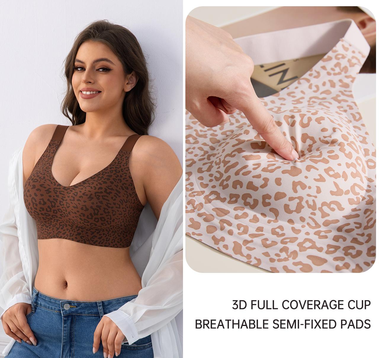 Aubrasen Women's Full Coverage Wireless Jelly Bra - Leopard Print, Smooth Seamless Sculpting, Push-Up, No-Underwire, Comfortable Fit, Everyday Wear Bra