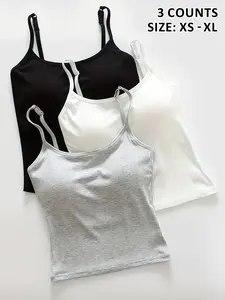 Women's Solid Color Ribbed Sleeveless Tank Top with Padded Bra, Thin Casual Underwear, Sexy Crop Top, Available in 1/2/3 Pieces