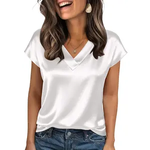 Eytino Plus Size Shirt V Neck Short Sleeve Casual Blouse Summer Fashion Business Office Silk Satin Tops(1X-5X)