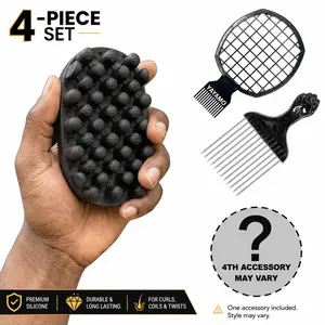 Professional 4-in-1 Freeform Twist Brush Kit for Black Hair, Upgraded Silicone Sponge Brush with Stainless Steel Metal Fist Pick, Mesh Comb and Hair Edge Brush for Coils and Afro Styling