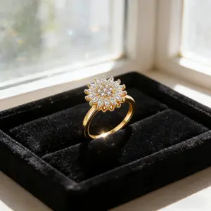 Sunflower Worry Relief Ring for Women - Spinner Fidget Anxiety Ring with Cubic Zirconia, Adjustable Gold-Tone Stress Relief Jewelry