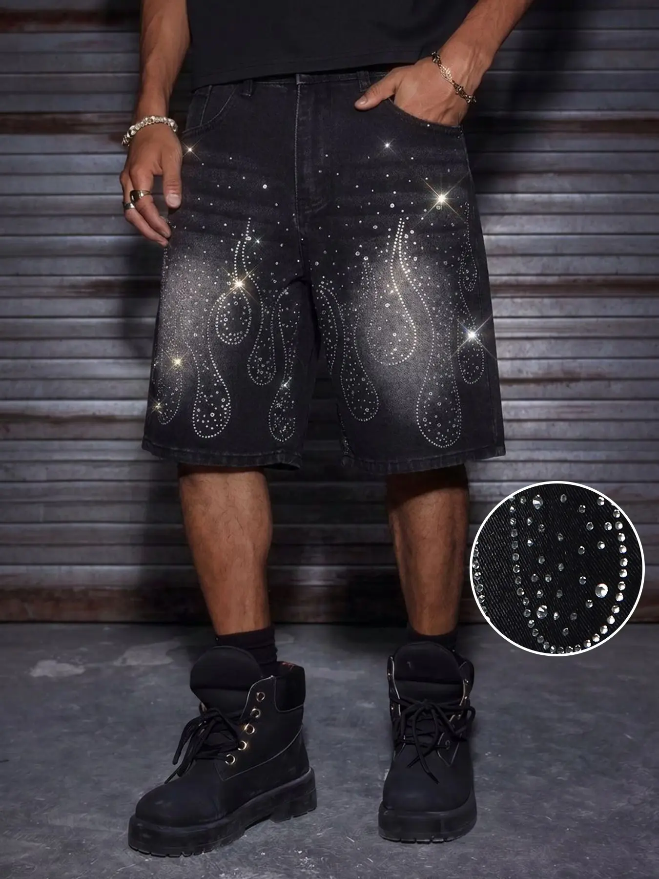 American Street Style Denim Fabric Shorts, Embroidered Button Fly, Loose Fit Below Knee, Summer Casual Pants, High Street Fashion, Graphic Loose Shorts