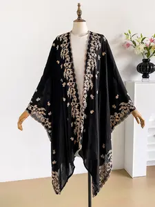 Simple Casual Plant Embroidered Split Shawl Clothes Women, Loose Fit, Versatile Style, Perfect for Beach Vacations, Commutes, Dates, All Seasons
