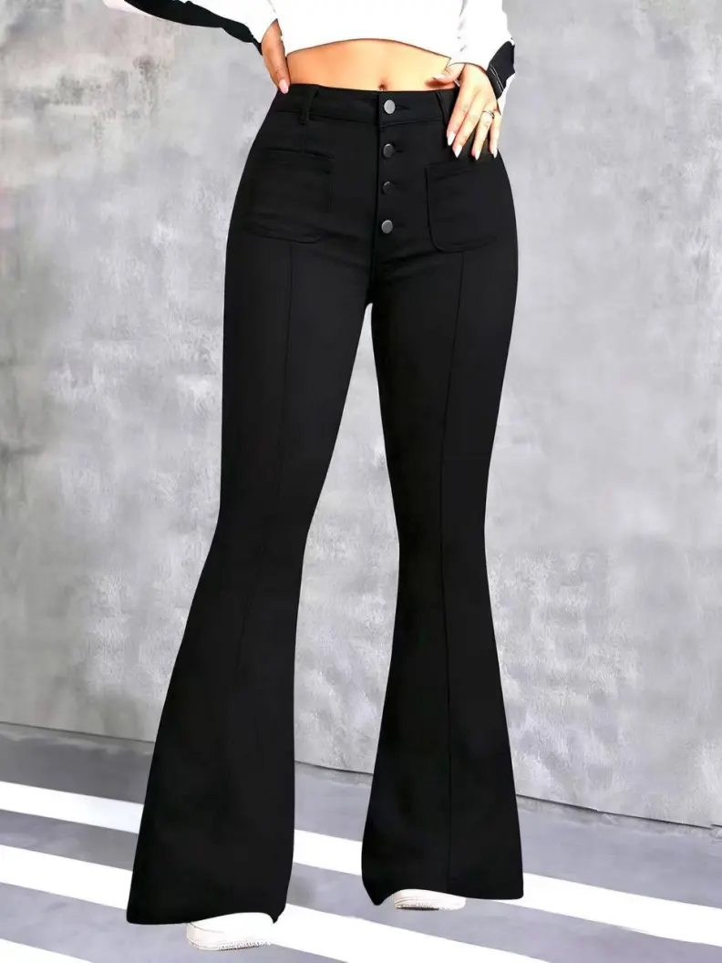 Women's High Waist Black Flare Jeans, Multi Button Front Patch Pockets Slim Fit Stretch Bell Bottom Denim Pants Womenswear Basic