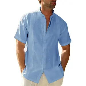 Mens Short Sleeve Cuban Camp Guayabera Shirt Linen Cotton Hippie Beach Button Down Shirts Casual Kurta Menswear