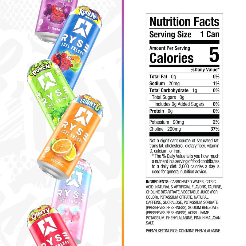 RYSE Fuel Energy Drink - Variety Pack - Sugar Free, Gluten Free & Vegan - 200mg Natural Caffeine, Taurine & Choline for Focus & Energy - No Artificial Colors - 16 fl oz Cans (12-Pack)