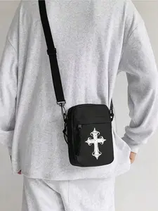 Dark Style Cross Print Shoulder Bag, Lightweight Mini Messenger Phone Bag, Multifunctional Outdoor Travel Backpack, Business & Casual Use, Cross Body Bags, Crossbody Bags