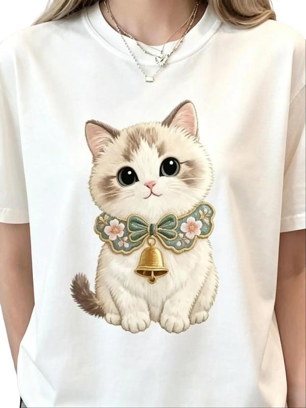 Women's Soft Cotton Short-Sleeve Basic T-Shirt - Boho Bell-Collar, Heat-Transfer Kitten Cartoon Graphic, Oversized Lightweight Loose Fit, Streetwear Summer Casual Top, Christmas Valentine's Day Gift