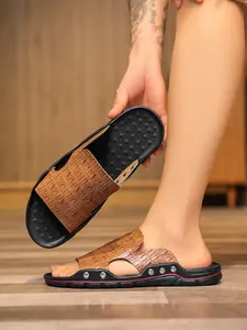 Men's Summer Casual Crocodile Pattern Half Strap Slippers, Comfortable Thick Sole Non-Slip Outdoor Footwear for Beach & Vacation, Durable Soft PU Leather