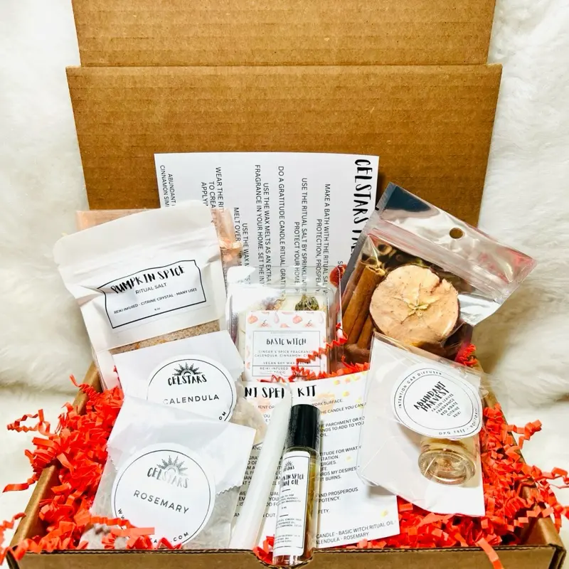 Celstars Fall Witchy Box Handmade Reiki Infused Home Fragrance Spells with Abundant Harvest Diffuser Ritual Candle Pumpkin Spice Ritual Salts Apple Cinnamon Simmer Pot Basic Witch Wax Melts Rosemary Calendula Gift Scent