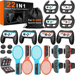 BEBONCOOL Portable Durable Game Controller Accessories Bundle - 22-in-1 for Nintendo Switch 2 Only, with Tennis Rackets, Steering Wheels, Wrist Straps, Grips, Joystick Caps, Card Case & Storage Bag (With Protection Feature)