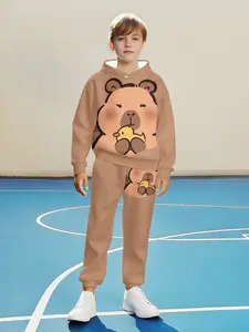 Boys' Light Bear Hugging Duck Hooded Set, Soft Cute Casual Kids Clothing Two-Piece, Fall & Winter Fashion