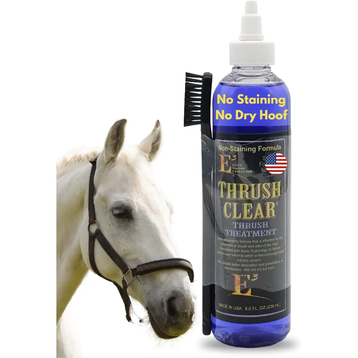 E3 Advanced Hoof & Nail Care Liquid for Pets – 8oz Non-Staining Deep Penetrating Cleansing Formula with Applicator Brush, Odor Purifier and Hardener