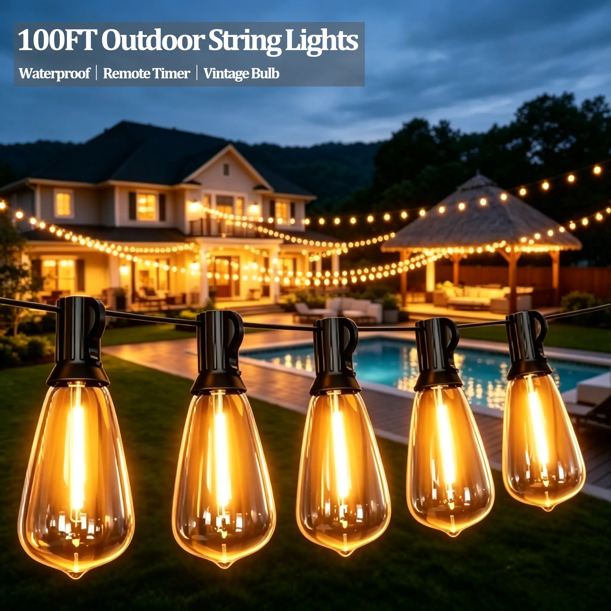 Outdoor Patio String Lights, 100FT ST38 Shatterproof Dimmable Waterproof Connectable LED Hanging Lights with Remote Timer for Backyard Parties, Home Outdoor Decor, Halloween & Christmas Decor