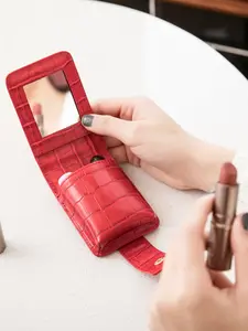 Women's Elegant Portable Makeup Bag with Mirror, Crocodile Embossed Pu Leather Mini Lipstick Bag, Trendy Cosmetics Bag for Daily Outing Use