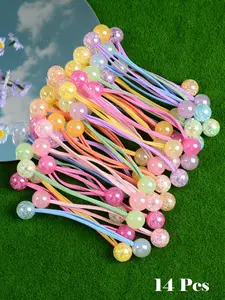 14pcs Random Color Cute Beaded Hair Tie, High Stretch Hair Tie, Fashion Hair Accessories for Women & Girls, Minimalist Headwear Suitable for Thick Hair, Elastic Hair Accessory