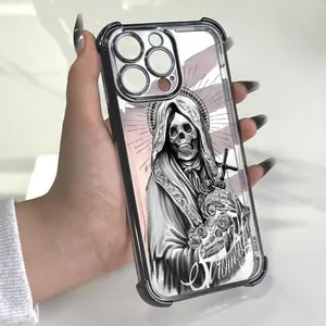 Gothic Rose Skull  Pattern Four Corner Anti-Fall Phone Case Transparent Electroplated Protective Cover for IPhone 16 Pro Max 15 Plus 14 13 12 11 E