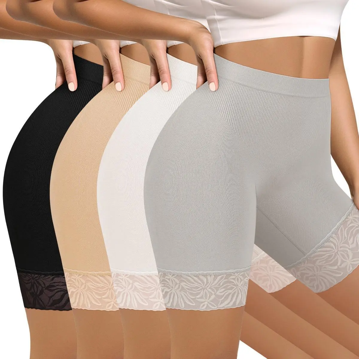 Morelect Women's 4-Pcs Everyday High Waist Boyshorts, Lace Trim Invisible Edge, Lightweight High Stretch Non-Visible, Versatile for All-Day Daily Wear and Any Setting
