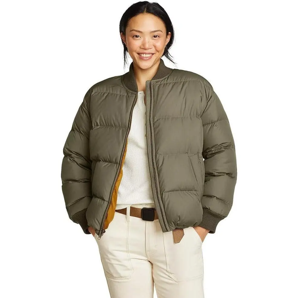 New Eddie Bauer Women's Dusty Olive Green Chic Minimalist Well-Made Original 650 FP Down Bomber Jacket, Stylish Women's Coats