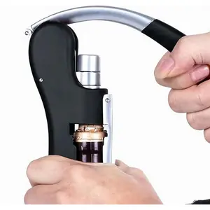 Sturdy Stainless Steel Metal Manual Handheld Wine Bottle Corkscrew - Black, Ergonomic Lever Pump, Vertical Standing Design, No-Twist Cork Removal, Bar & Wine Utensils