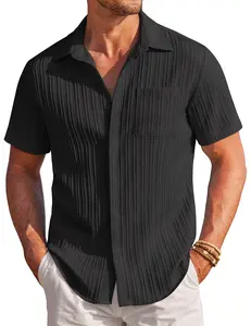 Coofandy B Men's Casual Button Down Shirt - Navy Blue Canvas Linen Texture, Loose Fit, Short Sleeve, Left Chest Pocket, Summer Beach Style