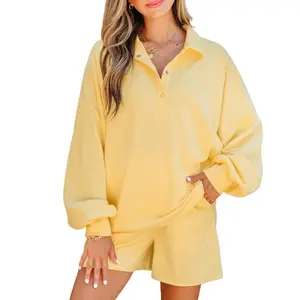 Asvivid Women's Butter Yellow 2-Piece Set Long Sleeve Button-Down Pullover Top & Shorts with Pockets Spring Summer Casual Outfit Lounge Matching Set