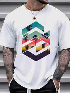 Men’s Geometric Graphic T-Shirt – Casual Summer Cotton Crew Neck Short Sleeve Tee, Lightweight Breathable Streetwear Top, Unisex Relaxed Fit Everyday Essential Fashion Shirt for Daily Wear
