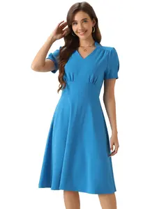 INSPIRE CHIC Women's Summer V Neck Office Dresses Short Sleeve Work Dress Lake Blue