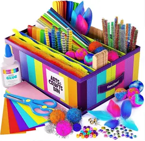 Arts & Crafts Supplies Kit - 500+ Pieces with Pipe Cleaners, Pom Poms, Pop Sticks, Googly Eyes, Sequins, Beads, Felt Strips, Colored Papers, Rhinestones, Feathers, Scissors, Glue & Storage Bin