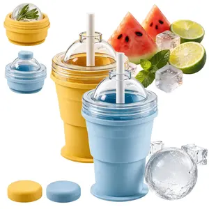 Collapsible Ice Ball Maker Cup, 2-in-1 Silicone Folding Ice Cube Cup Tray Portable Leakproof Travel Tumbler with Lid & Straw, Reusable Sphere Mold for Whiskey, Bourbon, Coffee, Summer Drinks
