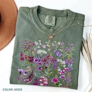 Comfort Colors Vintage Pressed Flowers Tshirt, Boho Wildflowers Cottagecore T-Shirt, Oversized Vintage Botanical Tee, Nature Lover Garden Lover Gift, Gift For Women
