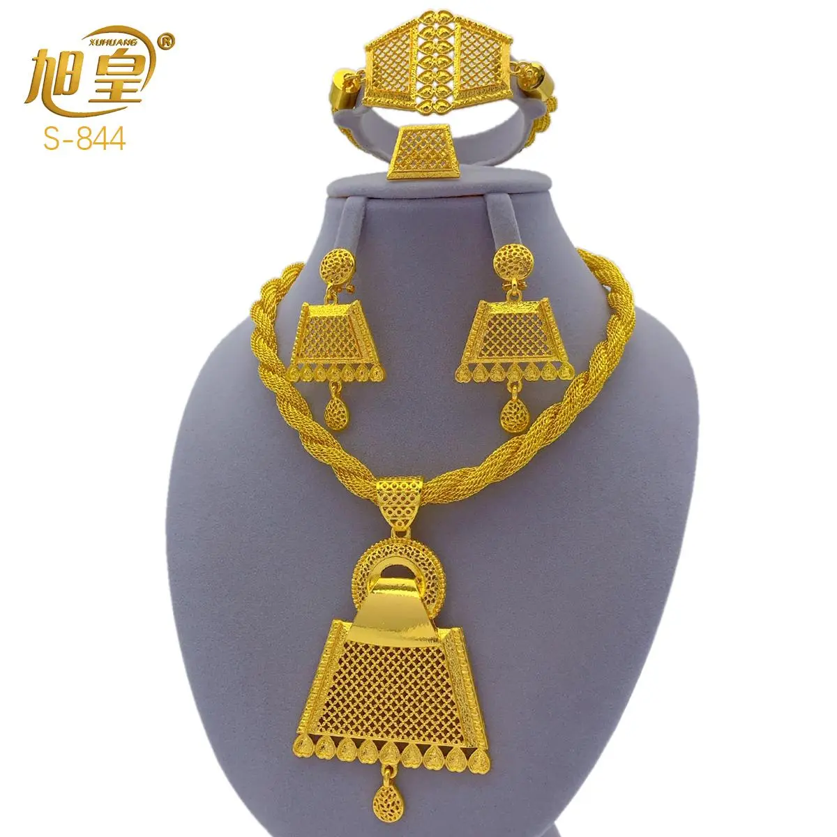 Luxury Ethiopian Bridal 24k Gold Color Jewelry Set Wedding Indian Dubai Luxury Irregular Necklace And Earrings Sets For Women