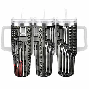 Mechanical Tools Auto Repair Cup (40oz) Wrench Pattern Durable Stainless Steel Insulated Tumbler with Handle Leakproof Design for Garage Workshop Car Maintenance Gift for Mechanics and Outdoor Travel