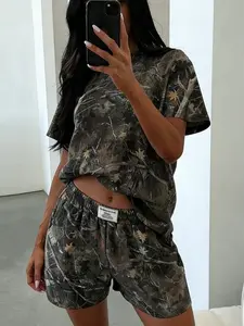 Women's Camo Tree Pattern All over Print Short Sleeve T-Shirt & Elastic Waist Shorts Set, Y2K Fashion Comfortable Casual Streetwear