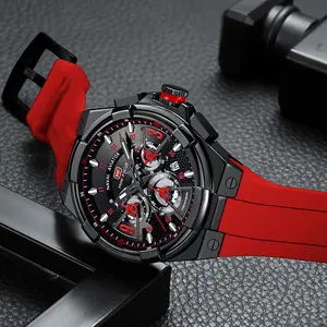 MINI FOCUS Mens Watches Unique Hollow Casual Wrist Watch Chronograph Waterproof Luminous Calendar 24 Hour Silicon Band Fashion Watch for Men Red Strap
