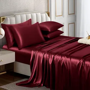 6 count Satin Sheet Set  Size Luxury Silky & Soft Burgundy Satin  Bed Sheet Set with 16" Deep Pocket, 1 Fitted Sheet, 1 Flat Sheet, 4 Pillowcases