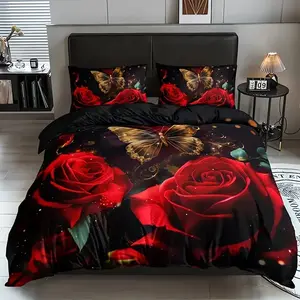 Romantic Rose Print Bedding Set, 100% Polyester Soft Breathable Fabric, All Seasons, 1 Fitted Sheet + 2 Pillowcases, Decorative Bedding Set