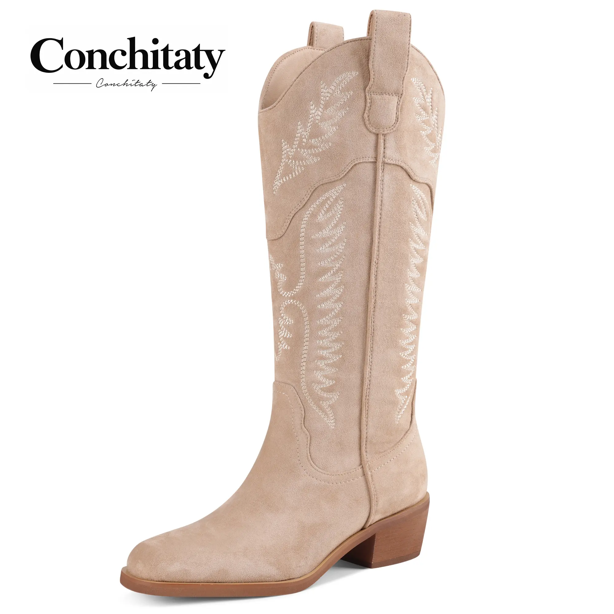 CONCHITATY Cowboy Boots for Women Knee High Womens Embroidered Cowgirl Boots Square Toe Chunky Heel Western Wide Calf Tall Boots Walking Shoes Walking Shoes Walking Shoes Footwear